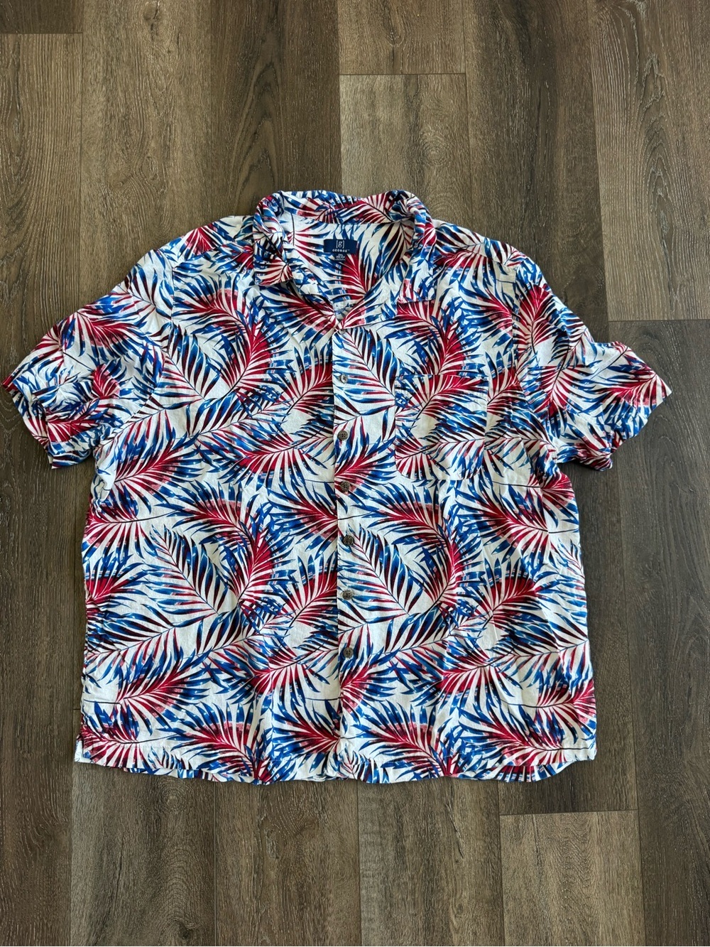 George Men's Short-Sleeve Linen Tropical Button-Down Shirt Red and Blue Size 2XL